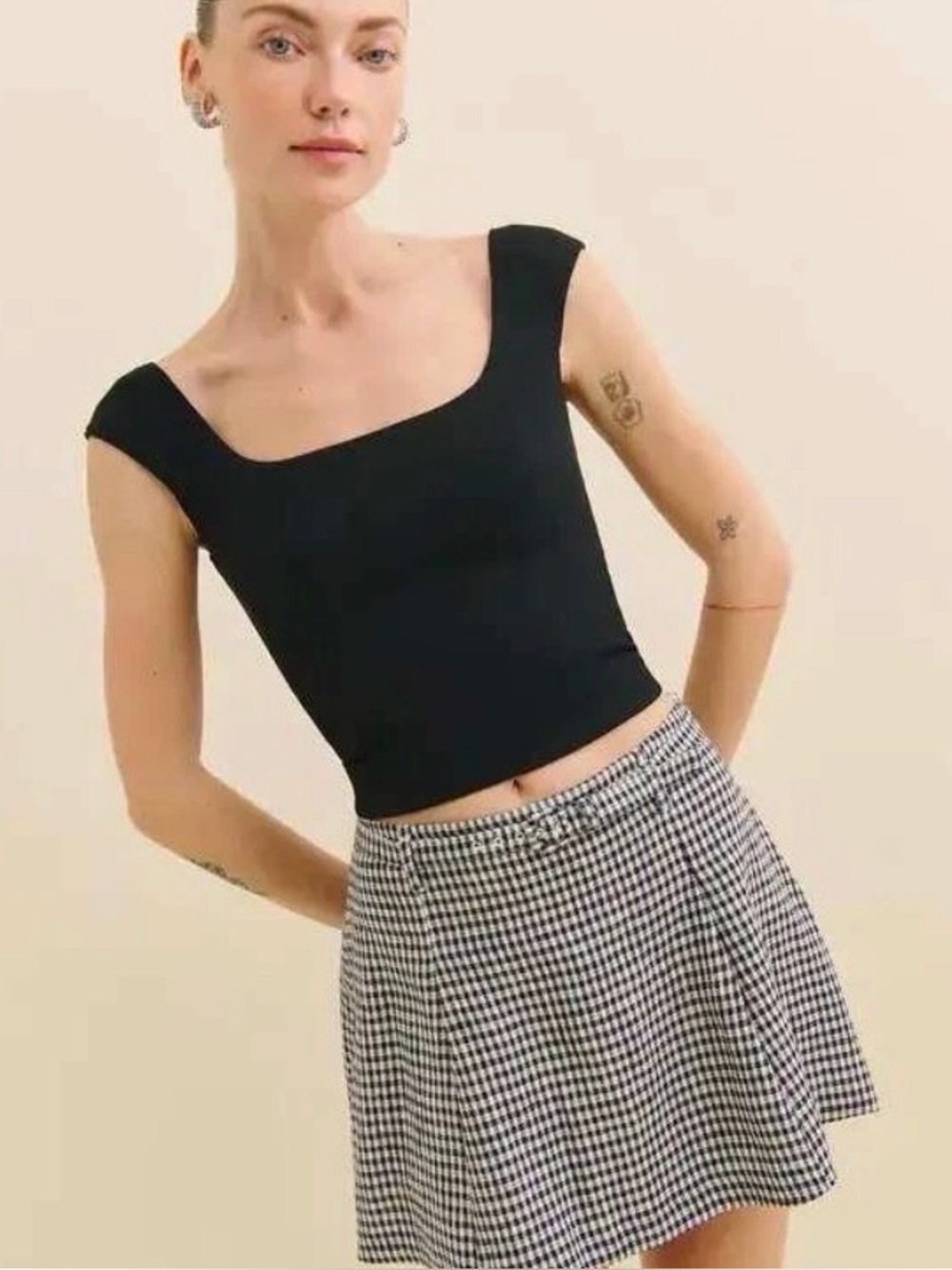 Reformation Black Ribbed Crop Top with Black-and-White Gingham Shorts